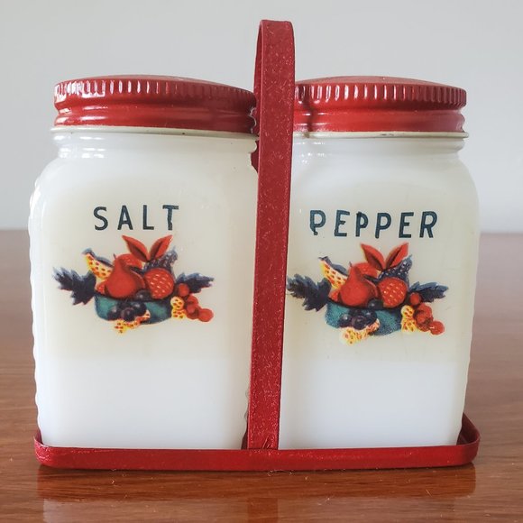 Vintage Milk Glass Salt & Pepper Shakers with Tray - Picture 1 of 9